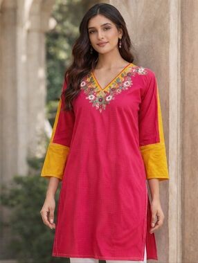 Junaid Jamshed Embroidered Kurta Medium Pink Yellow Floral Cotton Tunic